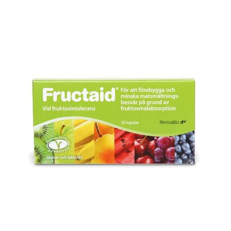 Fructaid, förpackning med 30 kapslar mot fruktosmalabsorption vid intag av fruktos.