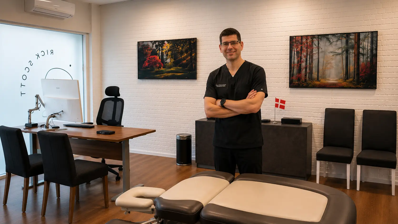 Rick Sørensen Scott i klinikken hos Rick Scott Consulting med fokus på integrativ smertebehandling og behandlinger af komplekse smerter