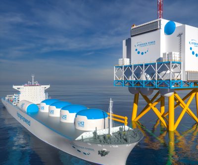 Liqiud Hydrogen renewable energy in vessel - LH2 hydrogen gas for clean sea transportation on container ship with composite cryotank for cryogenic gases. 3d rendering.