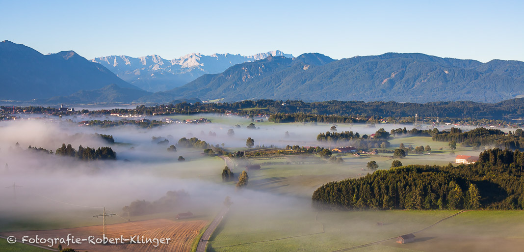 Luftbild vom Blauen Land bei Murnau in Südbayern