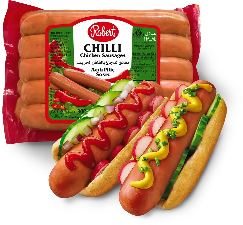 Robert-Halal-Chili-Hühnchenwürstchen-und-zwei-Hotdogs