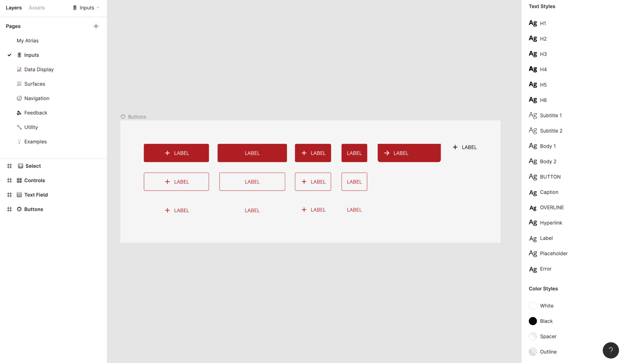 A screenshot of Figma, showing the different components of the design system of Atrias