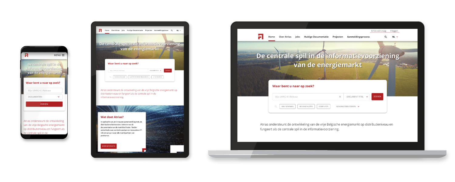 A screenshot of the Atrias website on different devices; mobile, tablet and desktop
