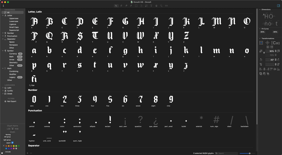 A screenshot of Glyphs software, displaying the Occult typeface