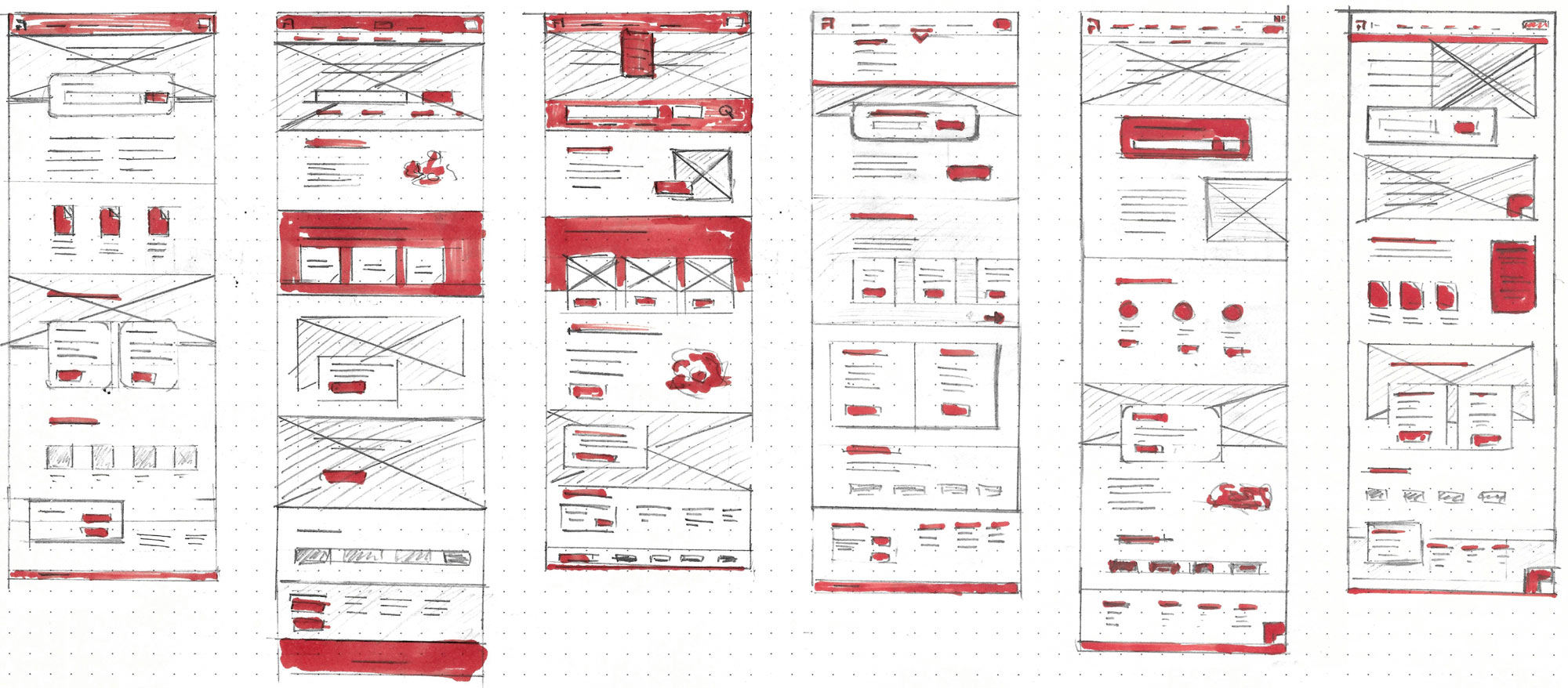 Sketches of the website layout and color, on paper