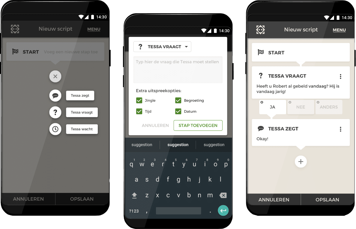 Screenshots of the Tinybots app, showing the script planner interface