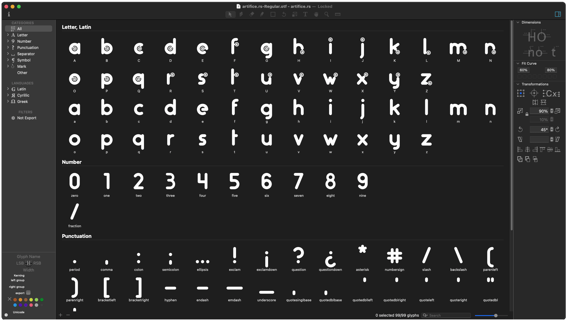 A screenshot of Glyphs software, displaying the Artificers typeface