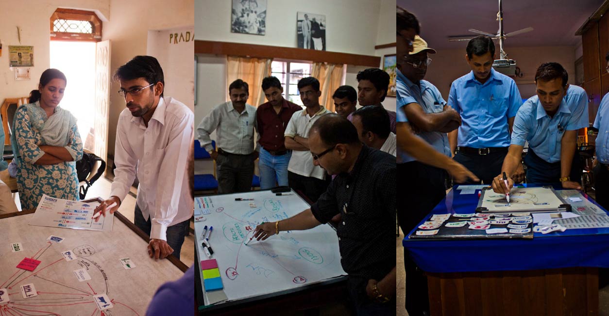 More photos of business model workshops in rural India. People drawing on whiteboards to map out potential business models.