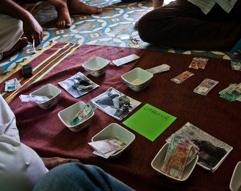 Photo of a workshop to identify farmer's spending patterns, taken in rural India