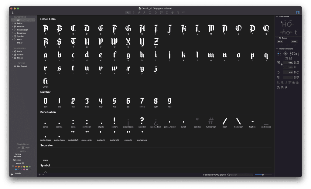 Occult font in Glyphs