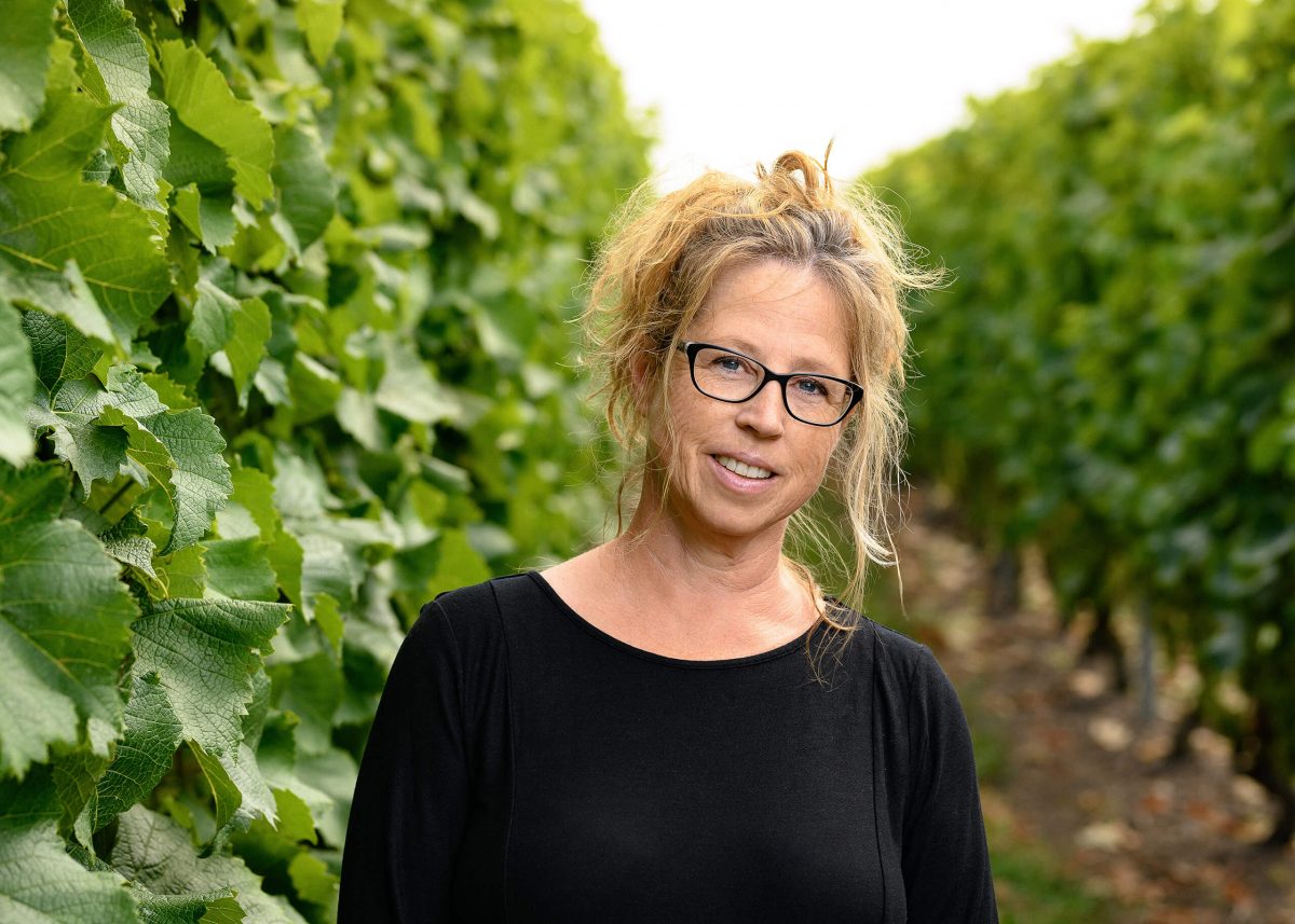 Portrait of owner of Klagshamn vineyard among the grape fields