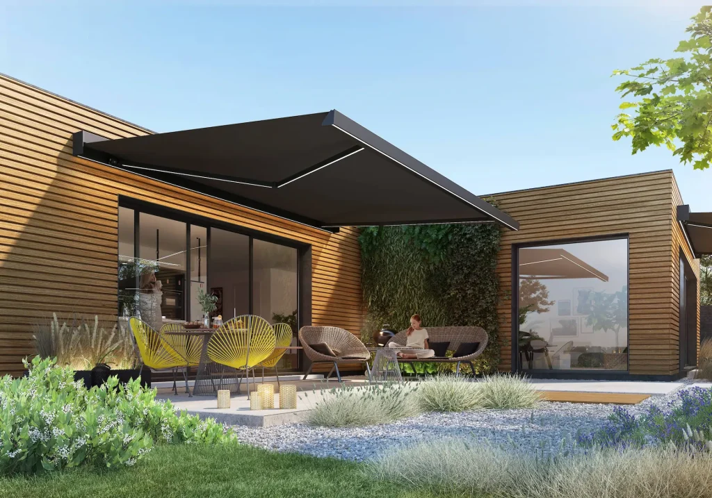 Modern zwart zonnescherm uitgerust met energiezuinige LED-verlichting, ideaal voor terras of veranda