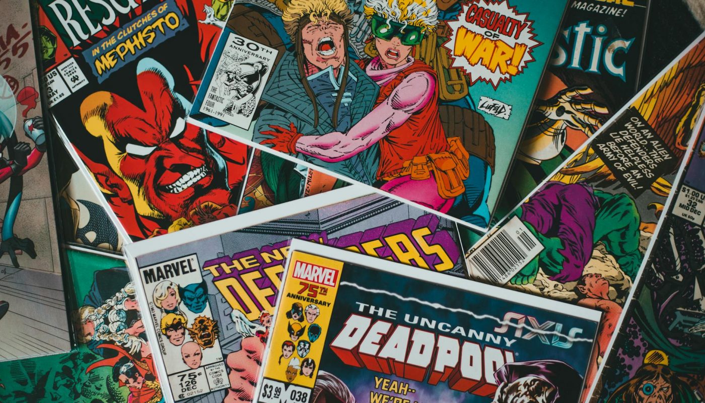 collection of comic books with vivid colorful illustrations on cover