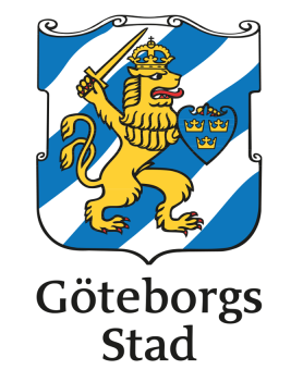 Logotype Göteborgs Stad. en blå oh vit vapensköld med ett gult lejon i mitten. Svart text under skylten.