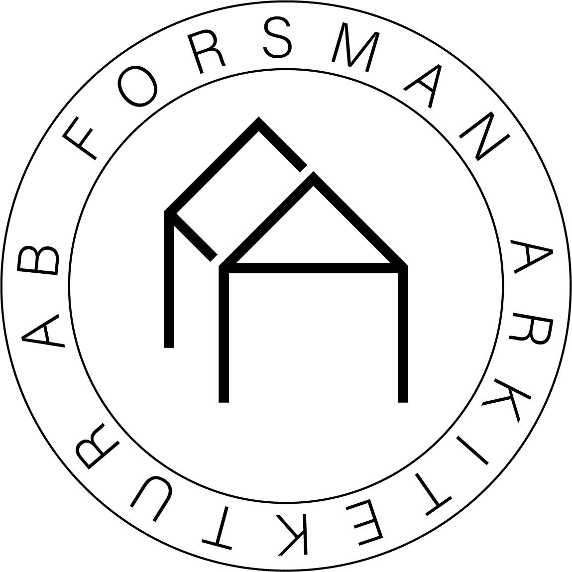 Logotype Forsman Arkitektur. En rund ring med ett hus i mitten.