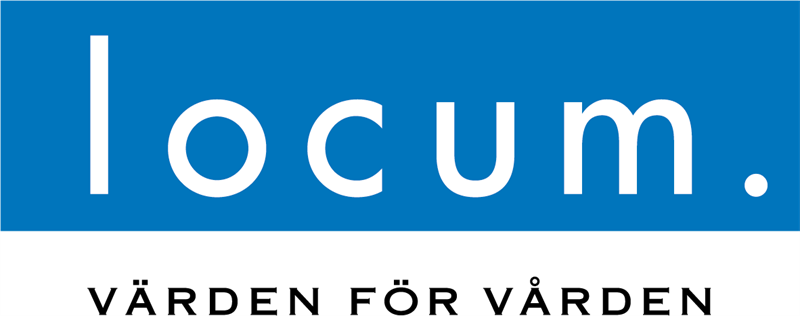 Logotype Locum AB. En blå skylt med vit text.