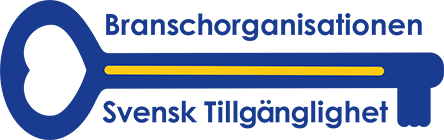 Logotype: Branschorganisationen Svensk Tillgänglighet. En blå avlång nyckel med gult i mitten.