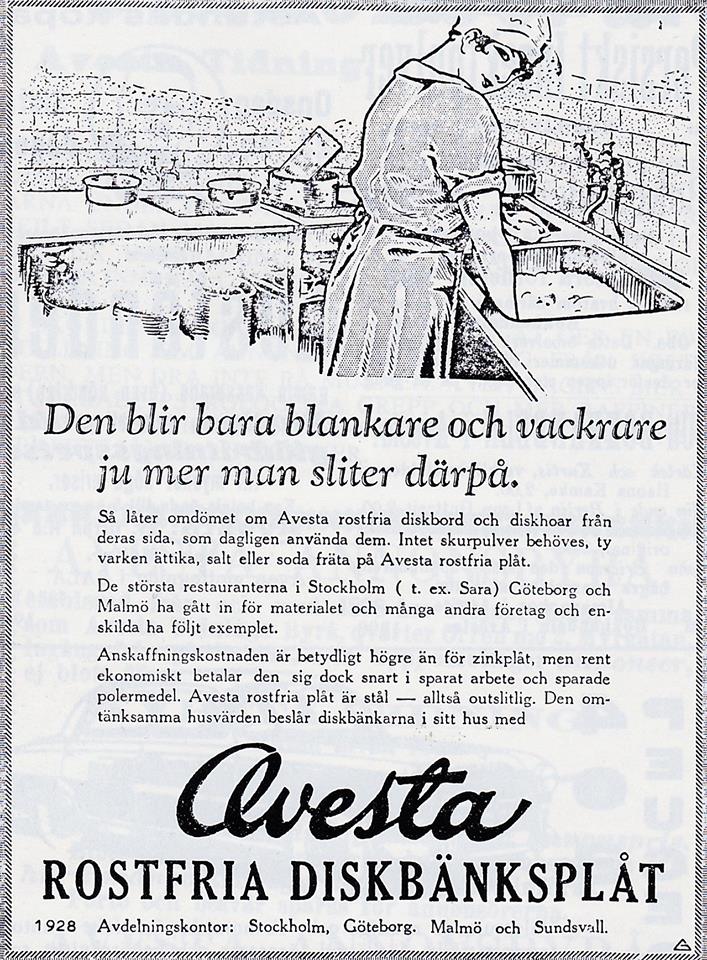 Annons för diskbänksplåt från Avesta Jernverk 1928. Ur Jubileumsbok för Avesta Tidning.