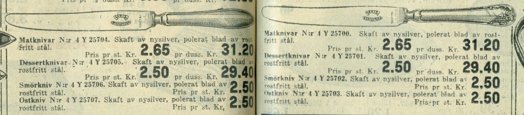 I Åhlén & Holms vår och sommarkatalog 1929 finns bland annat knivar med rostfria blad från Gense.