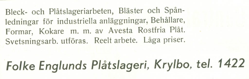 Folke Englunds Plåtslageri, Krylbo. Reklam från Folkärna Hembygdsförenings Årsskrift, 1936.