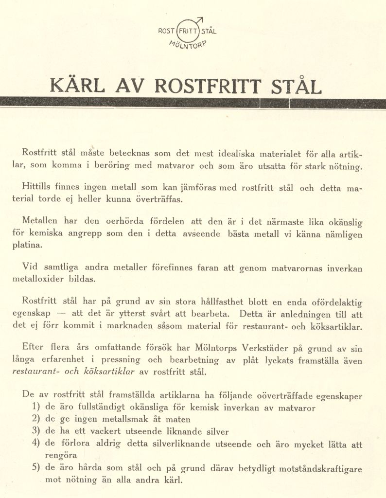 Sida ur katalog från Mölntorp daterad 1930 med intressant text om rostfritt stål. Troligtvis en broschyr som användes och delades ut på Stockholmsutställningen samma år.