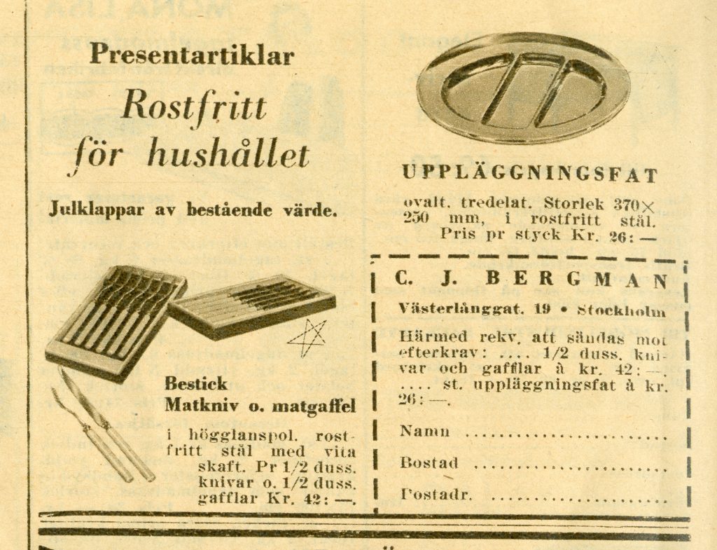 Rostfritt för hushållet, Annons i Husmodern Nr 48, 1949.
