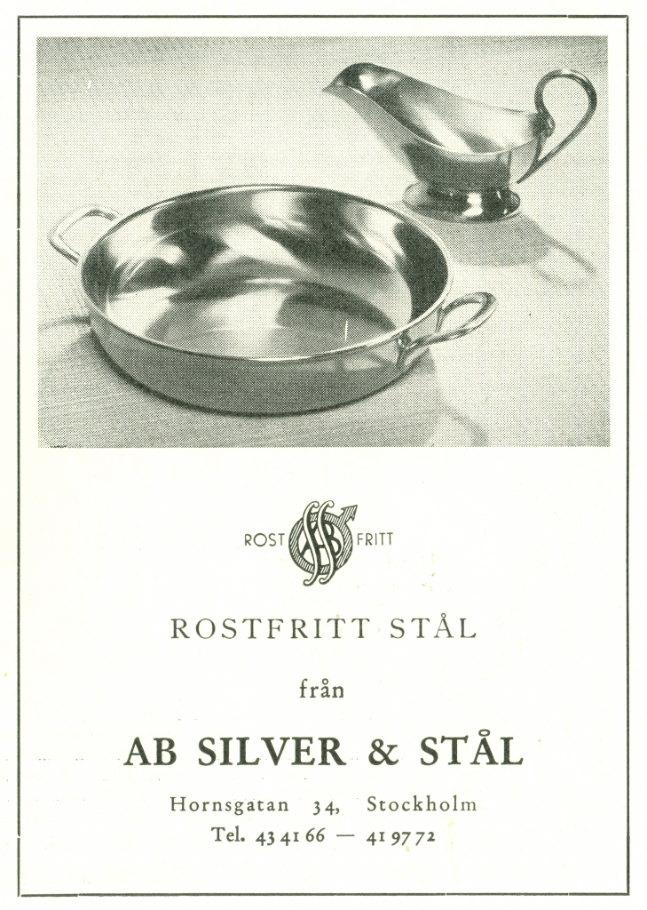 Reklam från Silver och Stål, Hornsgatan  34, Stockholm, Tidskriften Form Nr 8, 1945.