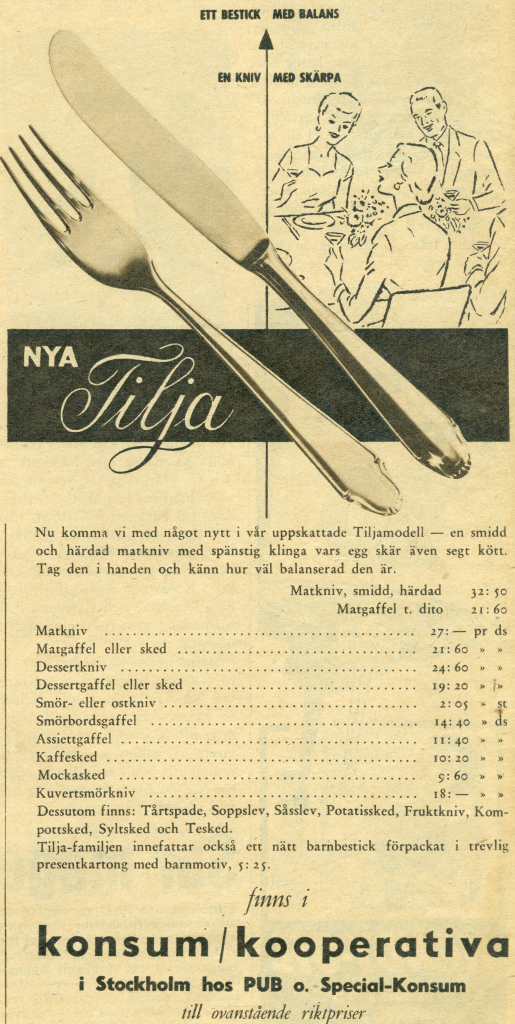 Annons i VI, Nr. 47, 1954 för besticket Tilja.