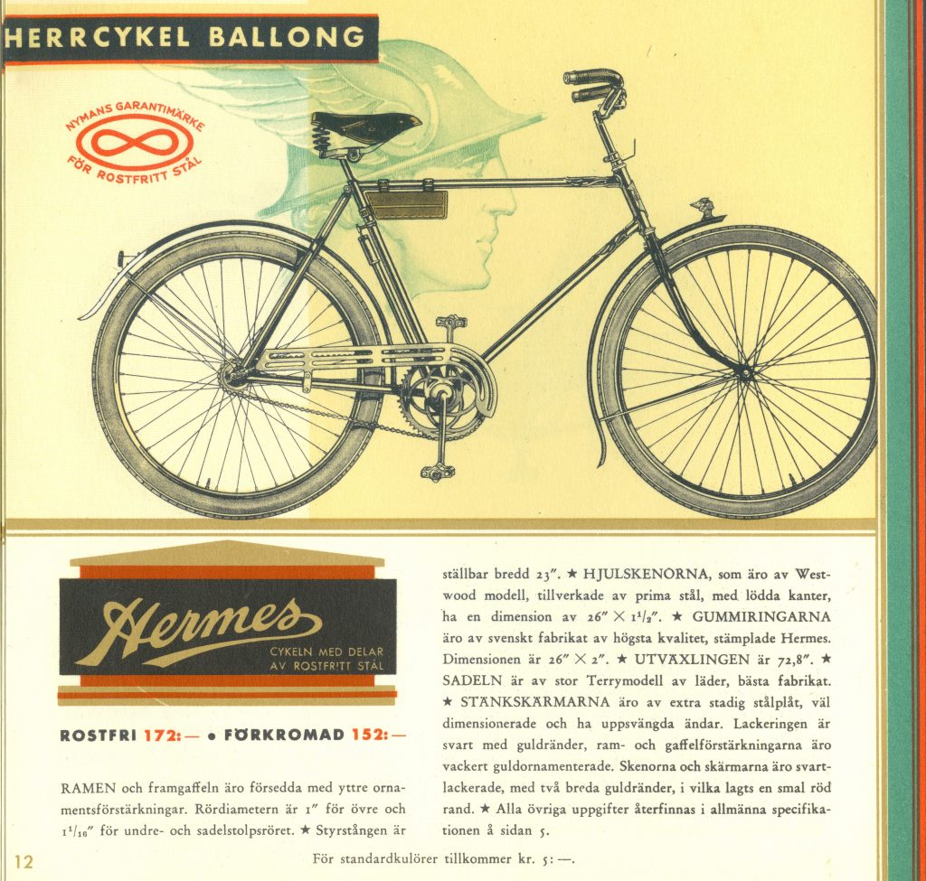 Hermes herrcykel från Nymans Verkstäder i Uppsala, 1937. Med delar av rostfritt stål.