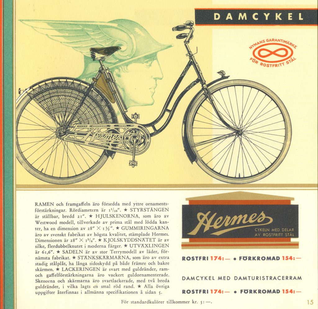 Hermes damcykel från Nymans Verkstäder i Uppsala, 1937. Med delar av rostfritt stål.