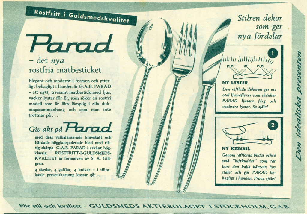 Annons i Året Runt, Nummer 45, 1957, GAB:s Paradbestick. GAB