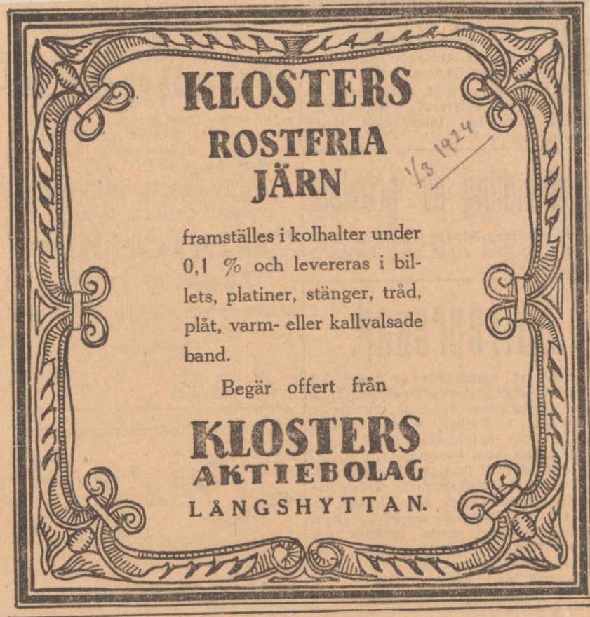 Annons i dagstidning 1/3 1924. Nyheten om det nya stålet sprids i Sverige. Klosters rostfria järn.