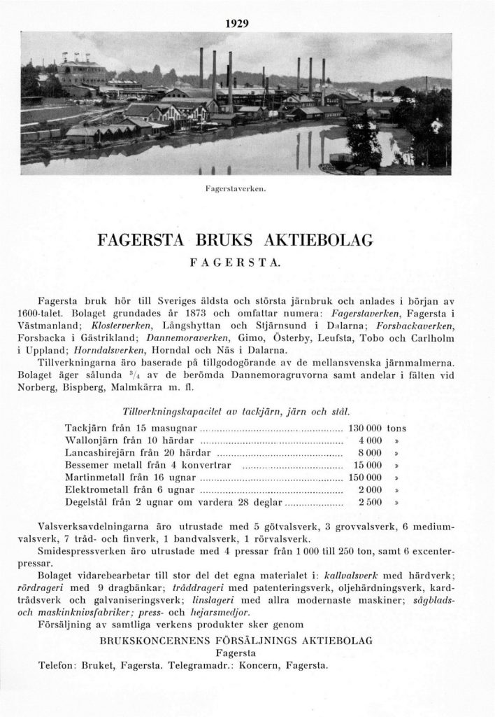 Översiktlig beskrivning av Fagerstakoncernen, 1929, när Forsbackaverken kommit med i koncernen.