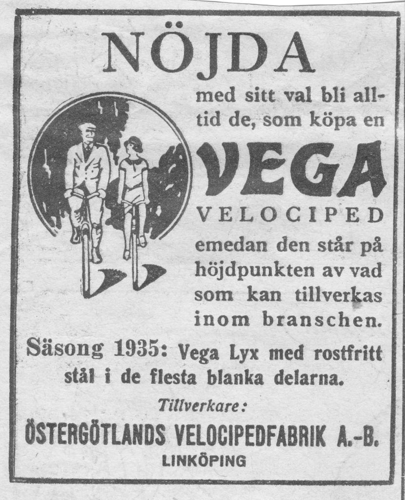VEGA Velociped med Vega Lyx med rostfritt stål i de flesta blanka delarna. Ur Allers, Nr 16, 1935.