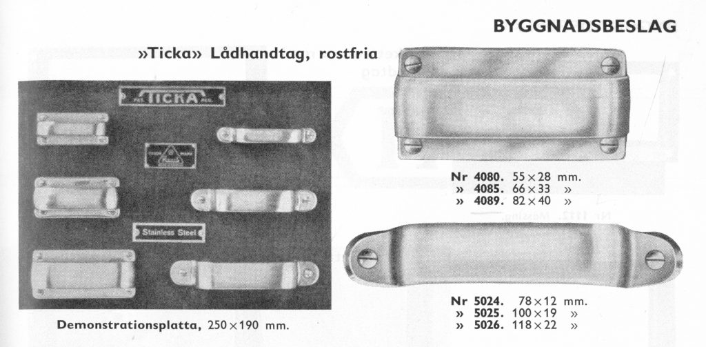 Ticka - beslag till lådor i Eskilstunabodens katalog, 1939, sidan 47.