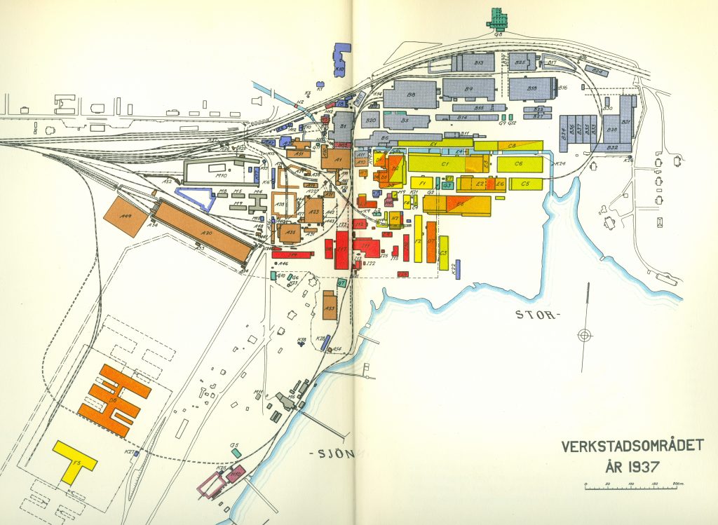 Karta över verksområdet i Sandviken 1937. Bild från Ett Svenskt Jernverk - Sandviken 1862-1937.