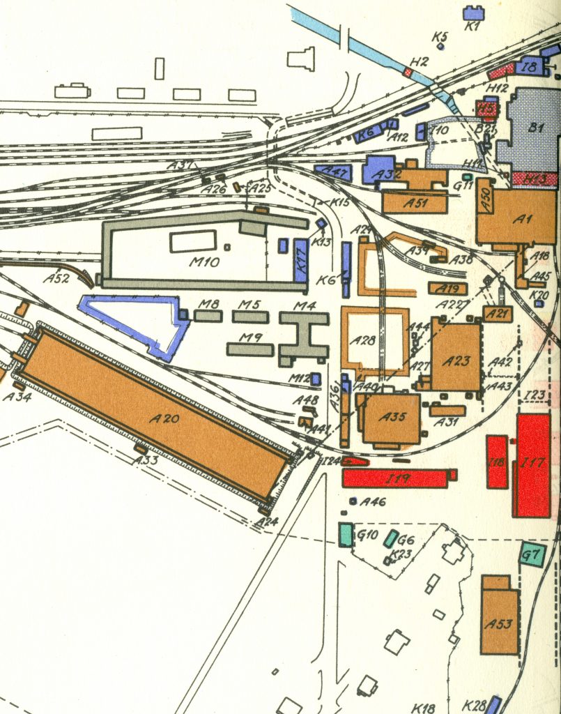 Uppförstoring av karta över verksområdet i Sandviken 1937. Byggnad A 53 har blivit byggd.. Bild från Ett Svenskt Jernverk - Sandviken 1862-1937.
