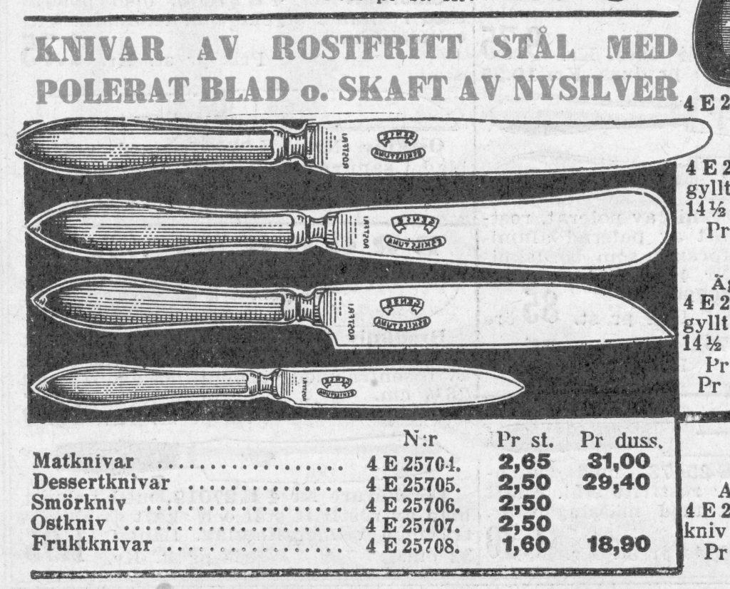 Bestick i rostfritt stål ur Åhlén o Holms katalog, 1932.