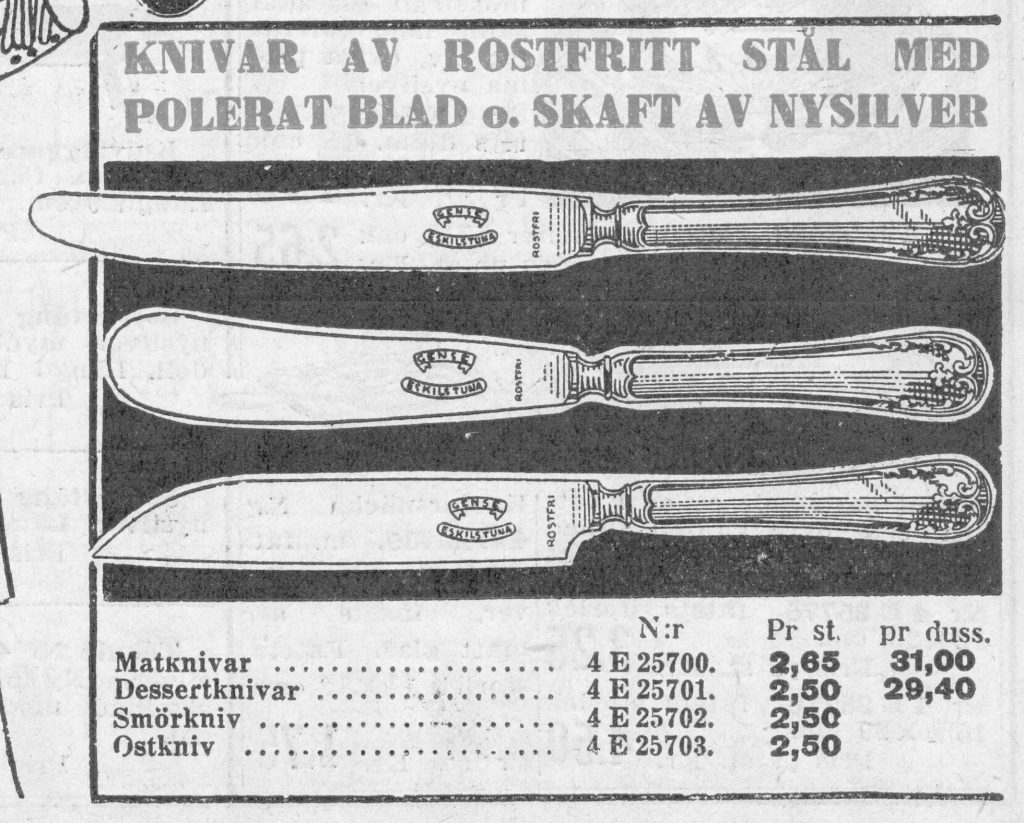 Bestick i rostfritt stål ur Åhlén o Holms katalog, 1932.