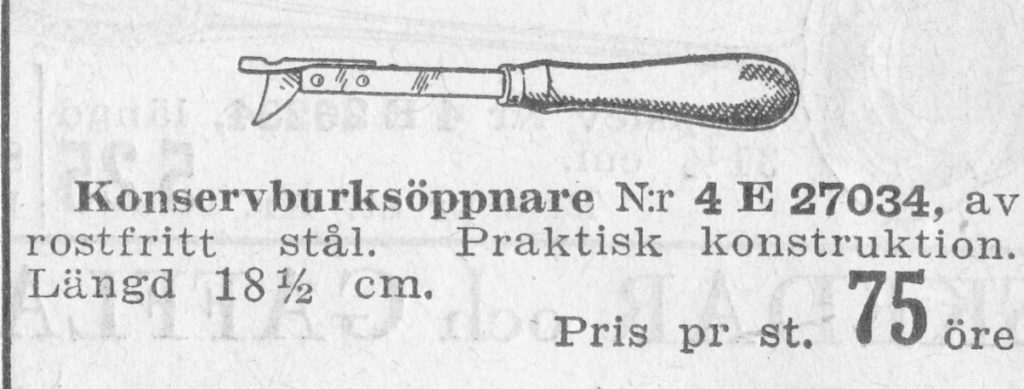 Konservburksöppnare i rostfritt stål  ur Åhlén o Holms katalog, 1932.