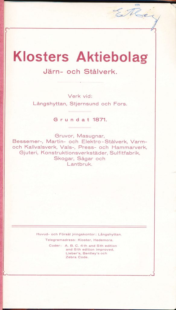 Klosters Aktiebolag - Broschyr från 1922 (cirka). Långshyttan, Stjernsund och Fors.