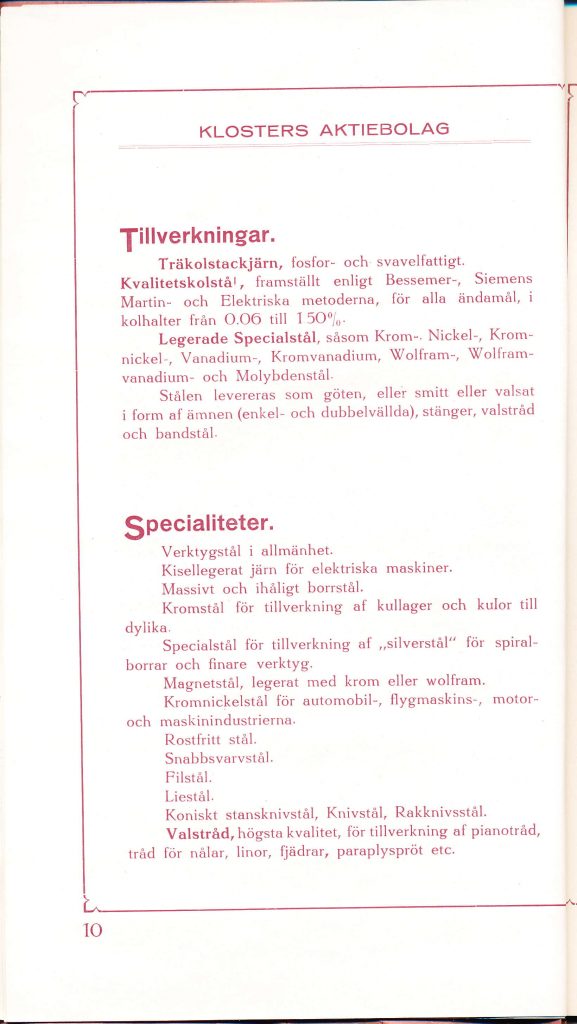 Klosters Aktiebolag - Broschyr från 1922 (cirka). Rostfritt Stål finns listat.