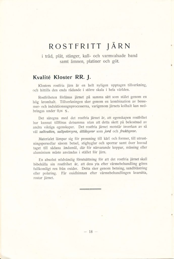 Ur katalog från Kosterverken 1924 där det rostfria järnet, RRJ, presenteras.