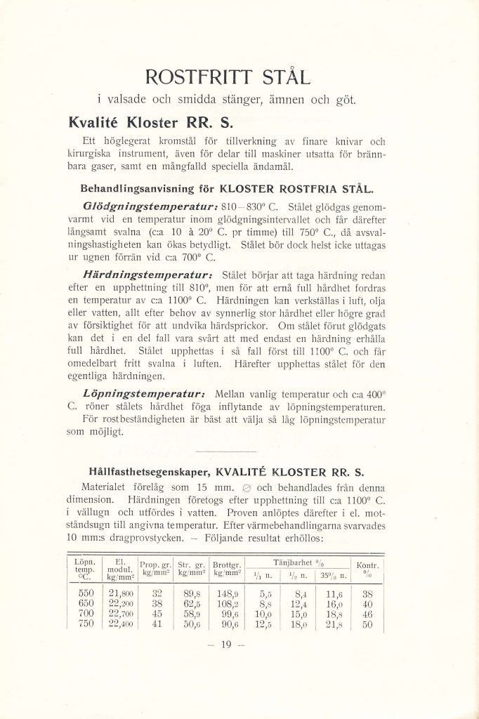 Ur katalog från Kosterverken 1924 där det rostfria stålet, RRS, presenteras.