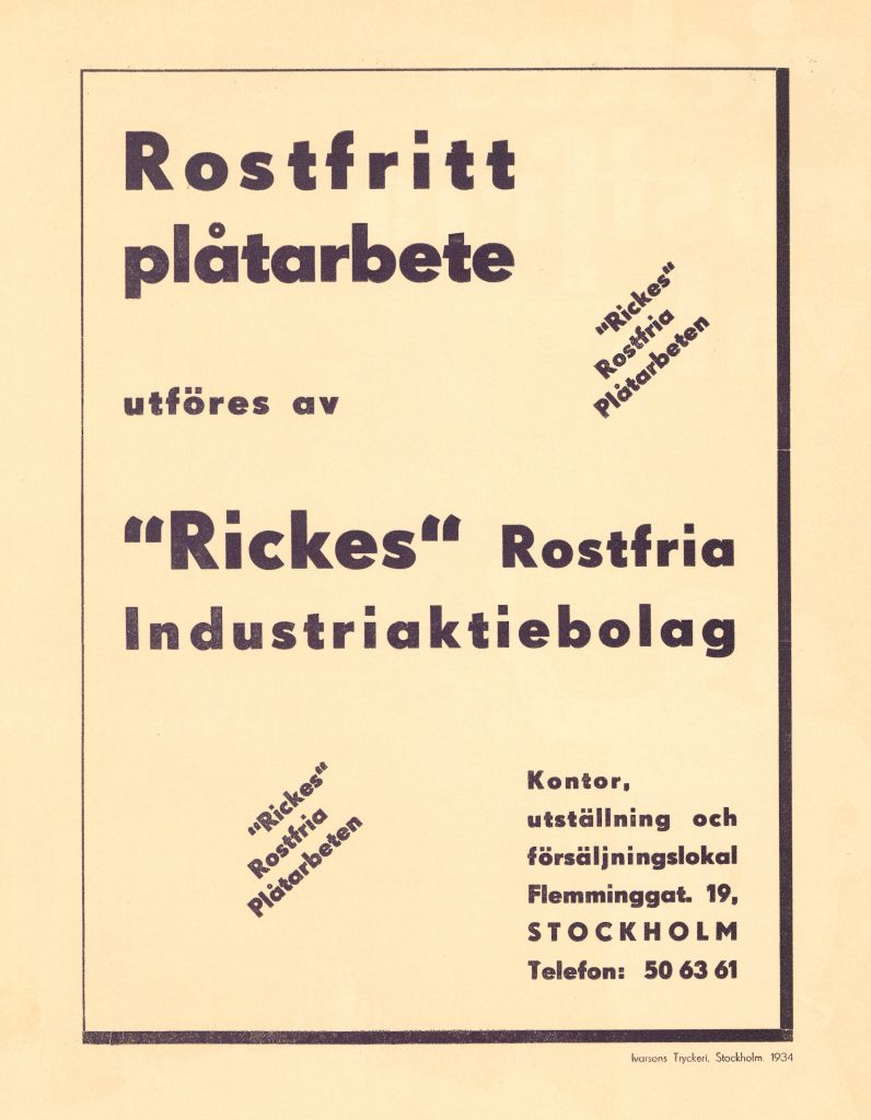 Reklam för "Rickes" Rostfria Industriaktiebolag, Stockholm, 1934.