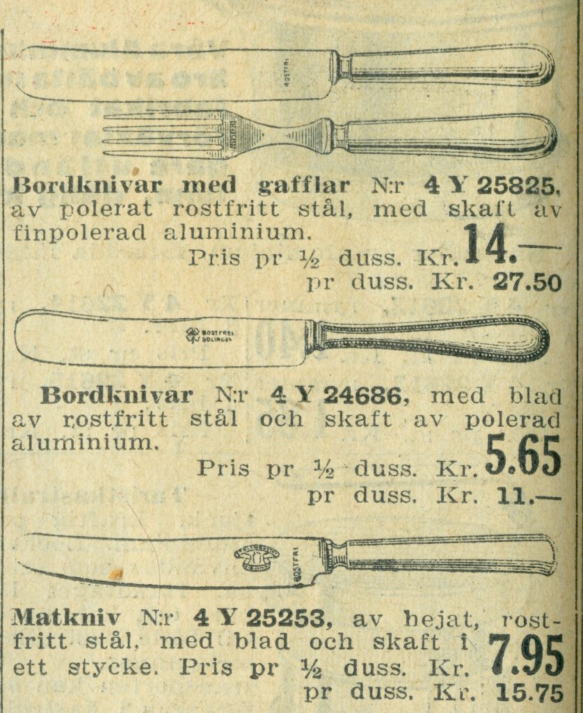 Rostfria bestick i Åhlén & Holms vår och sommarkatalog 1929.