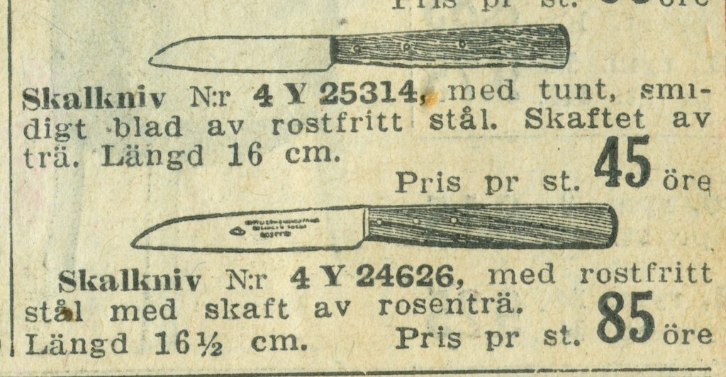  Rostfria skalknivar i Åhlén & Holms vår och sommarkatalog 1929.  