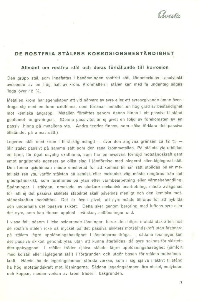Rostfria Stål,, Korrosionshandbok, sidan 7, 1946 