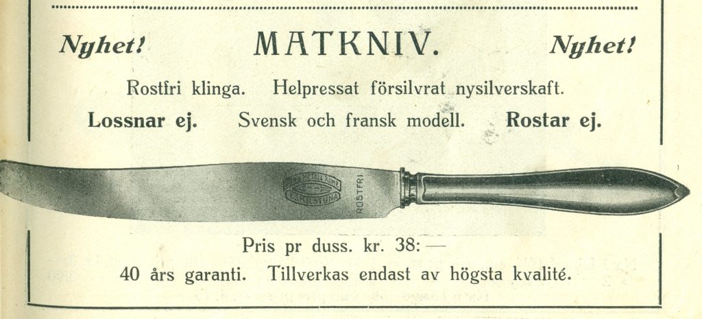 Ur kataloger och prislistor från Elfström & Johanson i Nässjö. (3 av 5) 
Rostfritt stål, bestick, kniv, 1927.