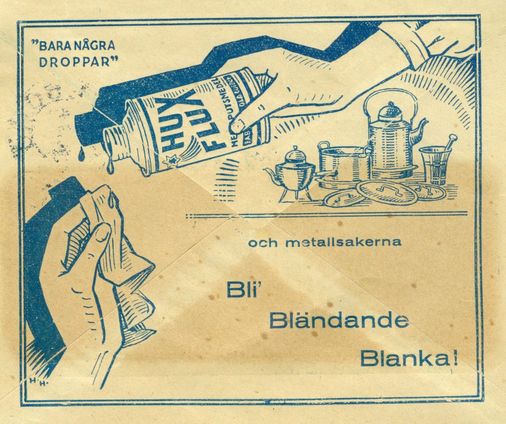 Reklam för Hux Flux, rengöringsmedel för metall från Tvål- & Parfymfabriken Viola i Göteborg på baksidan av ett kuvert skickat 1930. 